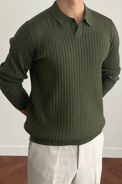 COOL TARZ Khaki Men's Polo Neck Ribbed Knitwear Sweater