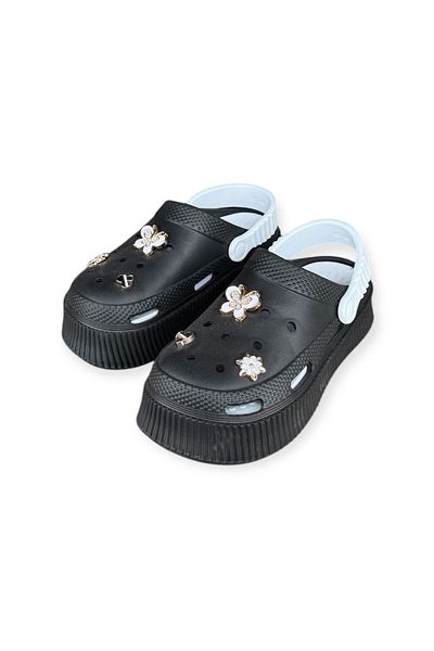 Seha Rooster Women's Black Stone High Platform Sole Closed Front Light Sole Slippers Sandals