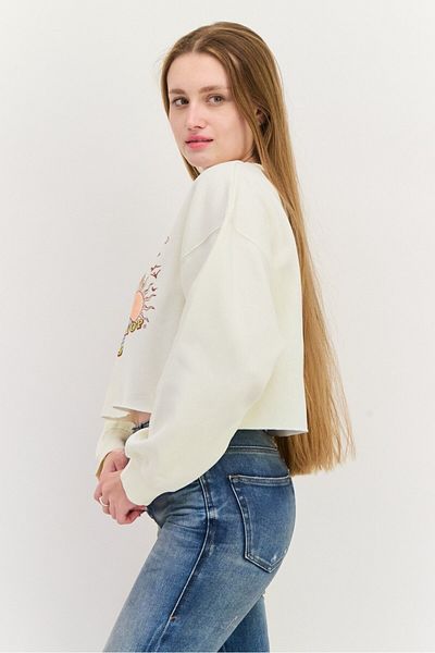 Roxy Women Crew Neck Graphic Print Long Sleeves Crop Top, White Combo