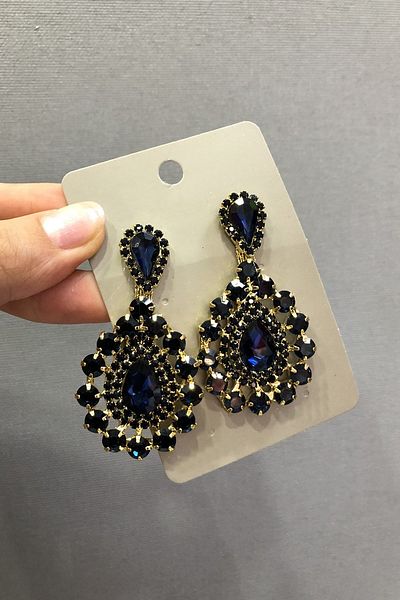 Hayalperest boncuk Dark Blue Crystal Glass Stone Gold Yellow Earrings