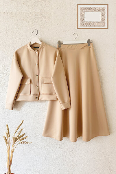 MODAQU Μπεζ Σετ Φούστα και Μπλούζα Scuba - Με Τσέπες