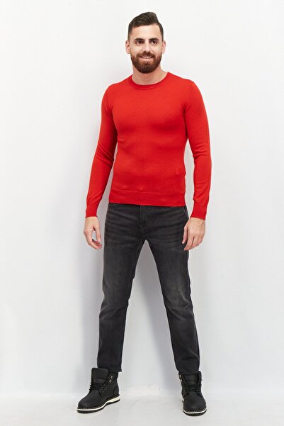 CELIO Men Crew Neck Plain Sweater, Red
