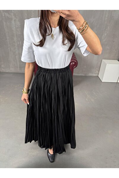 128ve980 Fusta lungă neagră cu talie înaltă din țesătură pliată cu talie elastică pentru femei