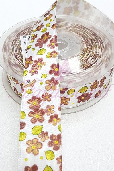 Hayalperest boncuk Panglică din satin cu imprimeu floral maro 2,5 cm