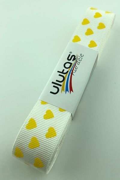 Hayalperest boncuk Yellow Heart Printed Cream Background Grosgrain Ribbon