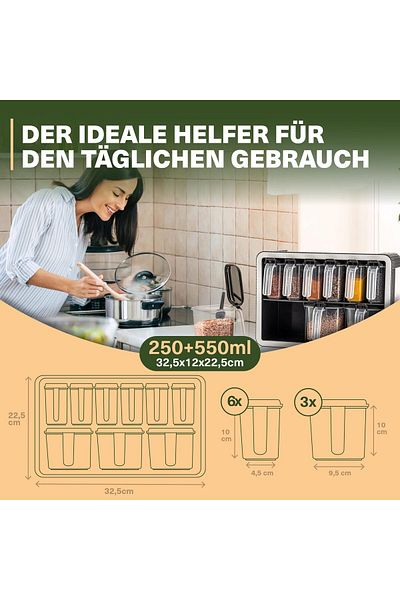 Viwares Gewürzdosen 9er Set mit Wandhalterung und Löffeln, Luftdicht, BPA-frei, Transparent