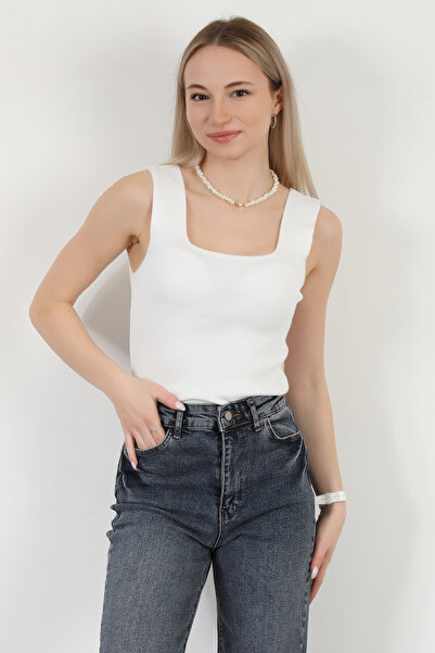 GİYSA Λευκή Basic Πλεκτή Μπλούζα - Τετράγωνος Γιακάς, Χοντρό λουράκι - 2000