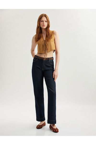 Koton V-Neck Faux Suede Crop Vest with Bow Tie Detail