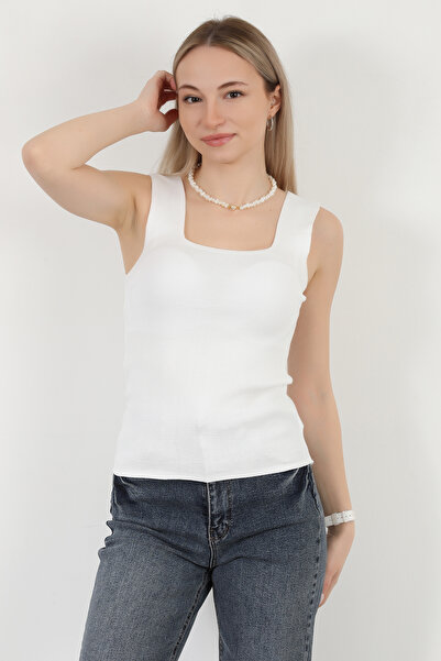 GİYSA Λευκή Basic Πλεκτή Μπλούζα - Τετράγωνος Γιακάς, Χοντρό λουράκι - 2000