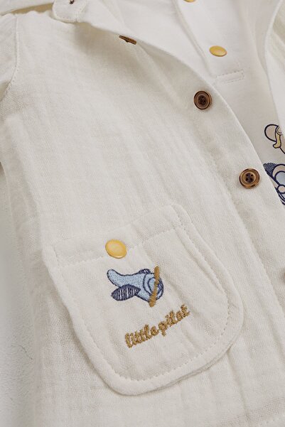 Bombili 3-Piece Baby Boy Set with Embroidered Muslin Shirt and Elastic Waist Pants