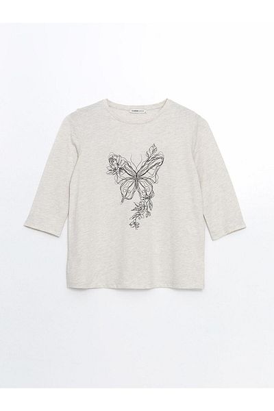 LC Waikiki Γυναικείο μπλουζάκι με στάμπα Lcw Grace Crew Neck