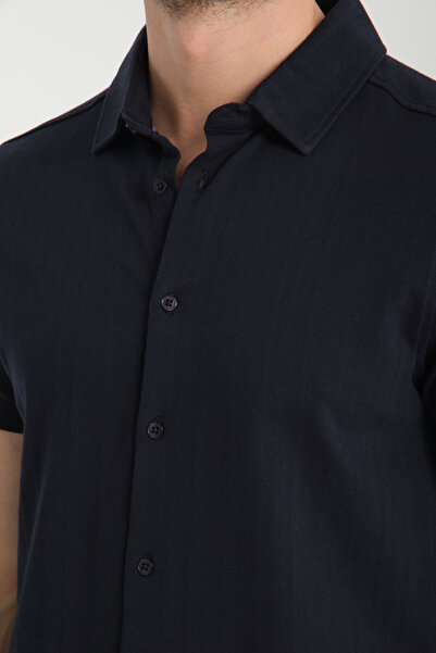 Frappoli Ανδρικό αθλητικό πουκάμισο Lucero Navy Blue 100% βαμβακερό που δεν συρόται Slim Fit με λεπτό γιακά πόλο