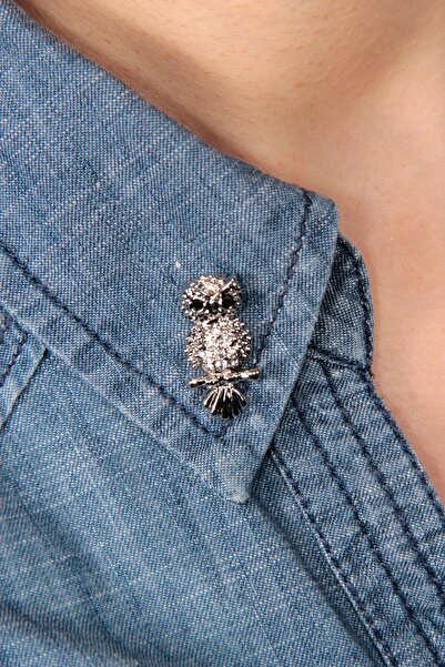 Modex Rodyum Baykuş Yaka Broşu (2CM)