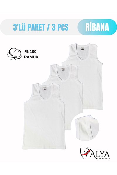 ALYA UNDERWEAR Boy's Cotton Ribbed Tank Top Oval Collar 3 Pack - 3 Pieces White