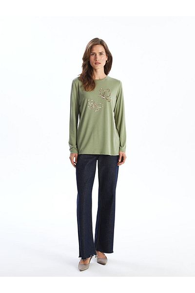 LC Waikiki Γυναικείο μπλουζάκι LCWAIKIKI Classic Crew Neck Sequin Sequin κεντημένο