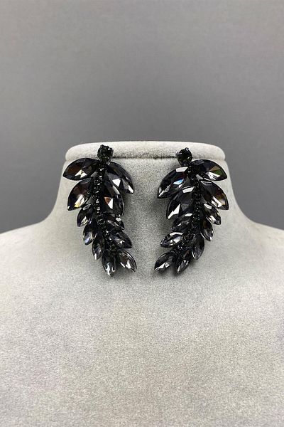 Hayalperest boncuk Anthracite Gray Leaf Pattern Hazel Evening Dress Stoned Bridal Earrings
