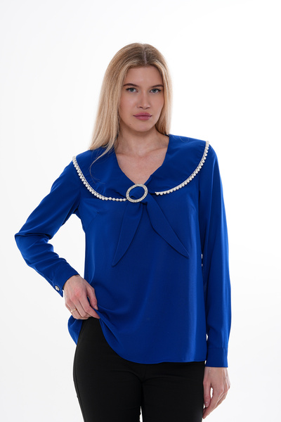 Loom Boutique Kadın Büyük Beden Yakası İnci İşlemeli Broşlu Bluz B0055