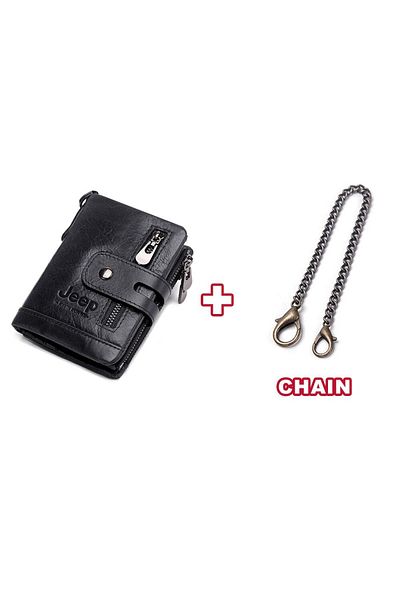 Jeep Unisex Black 100% Genuine Leather - Coin Card Holder Wallet with Chain