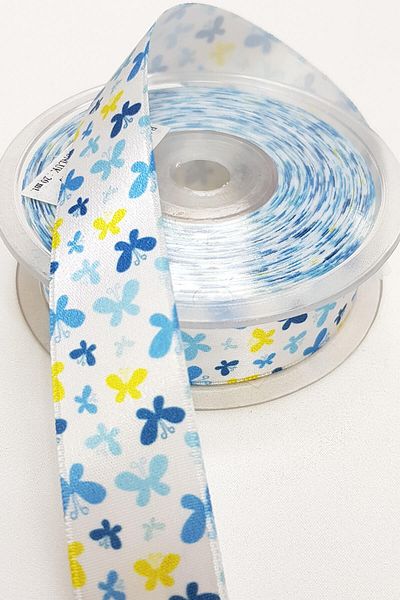 Hayalperest boncuk Panglică de satin imprimată fluture albastru 2,5 cm