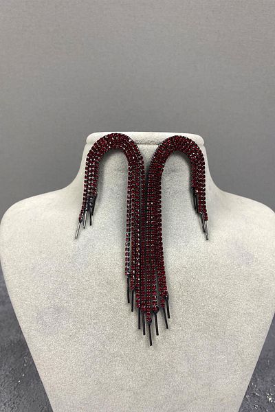 Hayalperest boncuk Red Evening Dress Earrings with Stone Detail