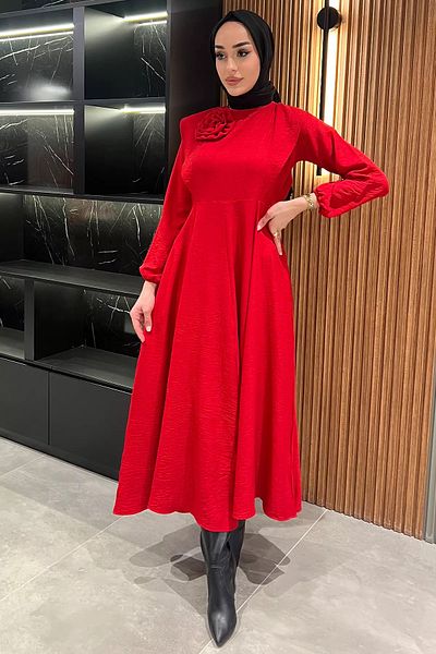 julude Red Rose Detailed Hijab Flared Dress