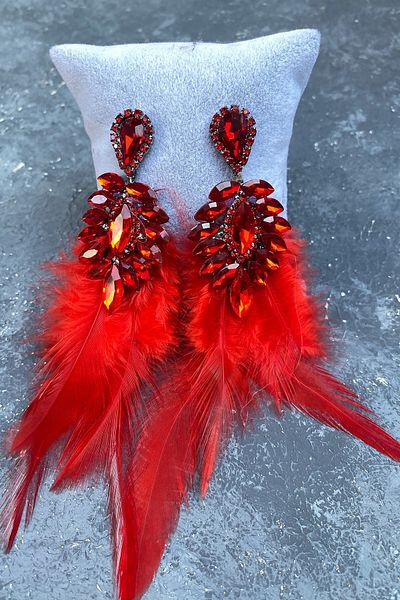 Hayalperest boncuk Most Stylish Red Feather Evening Dress for Special Invitation and Earrings