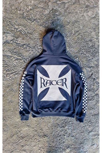Overdrive Тъмносин суитшърт с качулка и ръкав Racer, щампа