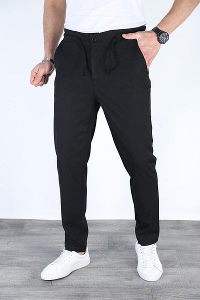 Bürke Men's Black Color Elastic Waist Lace-Up Quality Casual Winter Trousers