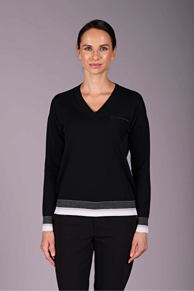 Sempre Mercerized Women's V-Neck Silvery Long Sleeve Sweater - 2530 Black
