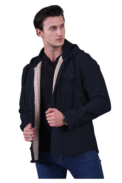 Exve Exclusive Navy Blue Solid Plain Hooded Wool Fur Inside Winter Lumberjack Jacket Shirt