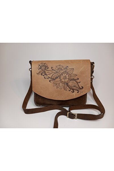 SOFT A Leather El Yapımı Kahverengi-Bej Çiçek Desenli Hakiki Deri Kadın Omuz ...