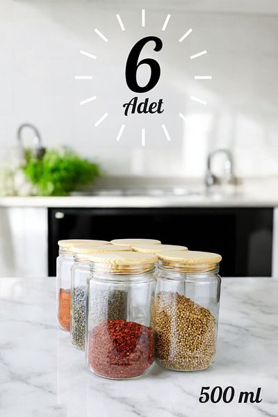 Denizcan Home 6-Piece Large Size Wooden Vacuum Lid Glass Storage Jar Seasoning Set (Label Gift)