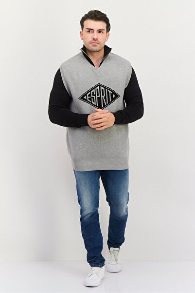 Esprit Men V-Neck Brand Logo Long Sleeveless Vest, Grey