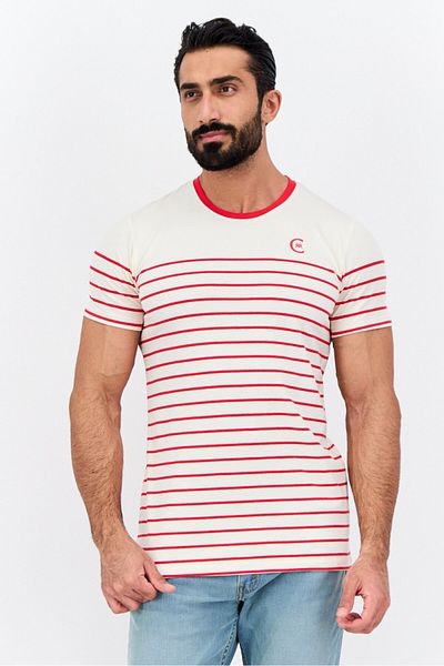 Cerruti 1881 Men Crew Neck Short Sleeve Stripe T-Shirt, Cream