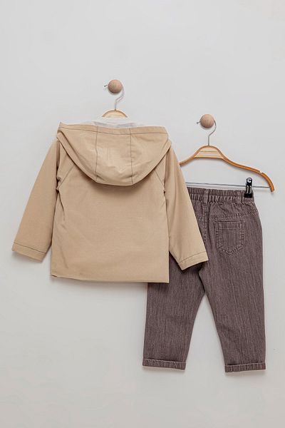 Bombili Muslin Blouse, Elastic Waist Pants and Hooded Coat for Boys - Set of 3