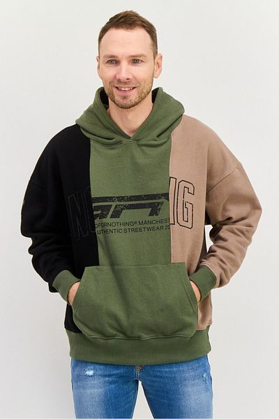 Good For Nothing Men Hooded Graphic Print Long Sleeves Sweatshirt, Olive Combo
