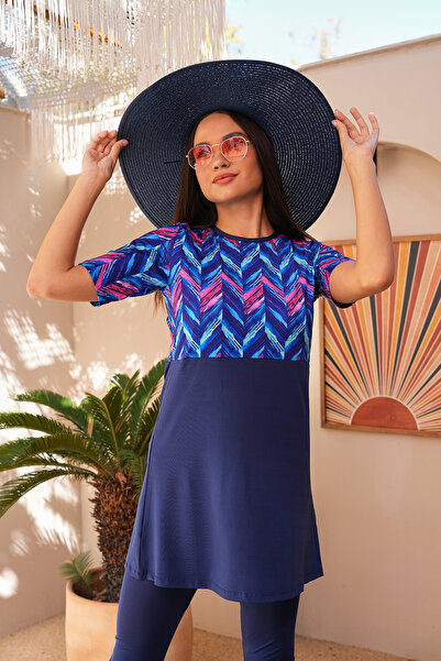 SEBOTEKS Dijital Baskılı Kısa Kol Yarı Kapalı Tesettür Mayo 3180