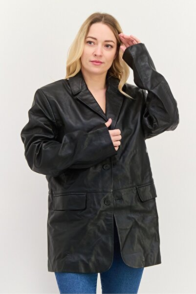 Asos Design سترة نسائية جلدية عادية للدراجات النارية، باللون الأسود