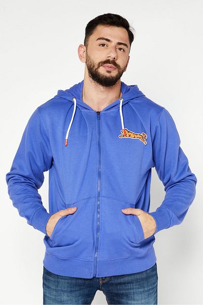 Le tigre Men Hooded Brand Logo Long Sleeves Full Zip Sweatshirt, Blue