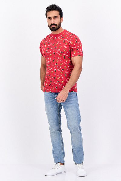 Jules Men Crew Neck Short Sleeve Christmas Print T-shirts, Red Combo