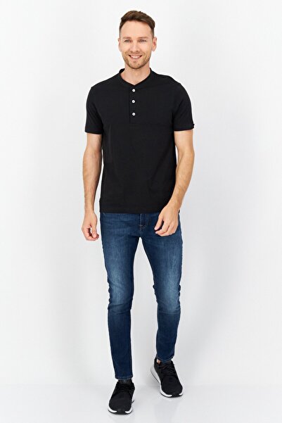 Vince Camuto Men Round Neck Short Sleeves Plain Henley Shirt, Black
