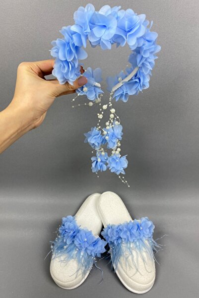 Hayalperest boncuk Bebe Mavi Lazer Çiçekli Taç ve Tüylü Lohusa Terlik Seti