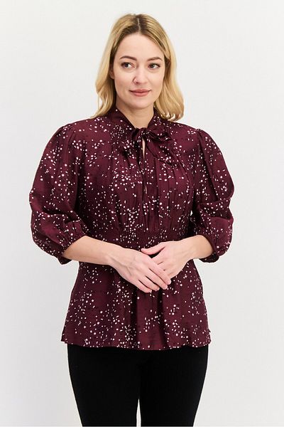 Scotch & Soda Women Tie Neck 3/4th Sleeve Allover Print Shirt, Maroon