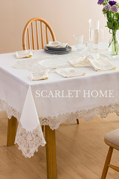 scarlet home collection Miraslec Fransız Dantelli Masa Örtüsü Takımı