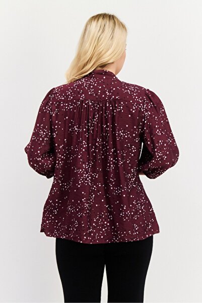 Scotch & Soda Women Tie Neck 3/4th Sleeve Allover Print Shirt, Maroon