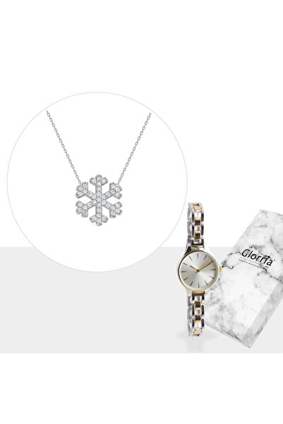 Glorria Gümüş Kar Tanesi Kolye - Saatli Hediye Seti - Dt0020-hs