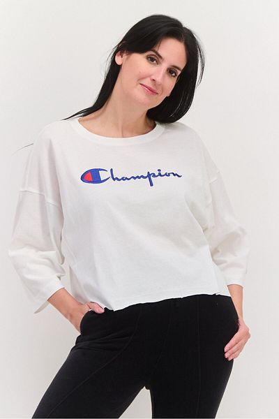 Champion تي شيرت نسائي رياضي بأكمام 3/4 للخارج، أبيض