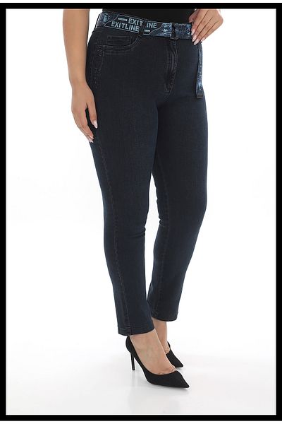 EXİTLİNE Women's Belted-Stones Navy Blue Denim Jeans