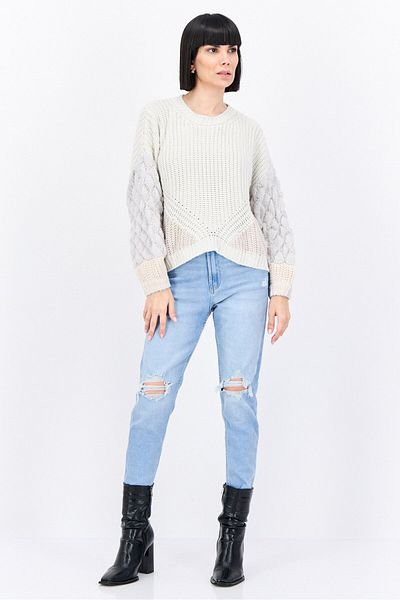 Splendid Women Crew Neck Crochet Sweater, Grey