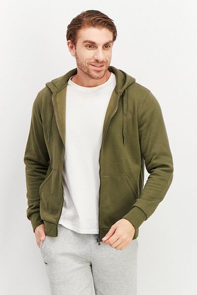CELIO Men Hood With Drawstring Long Sleeve Plain Hoodie, Dark Green